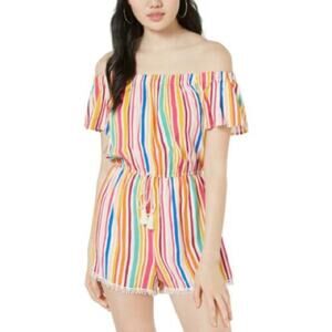Bebop Women's Striped Short Off Shoulder Sleeve PomPom Trim Romper sz Jr's L